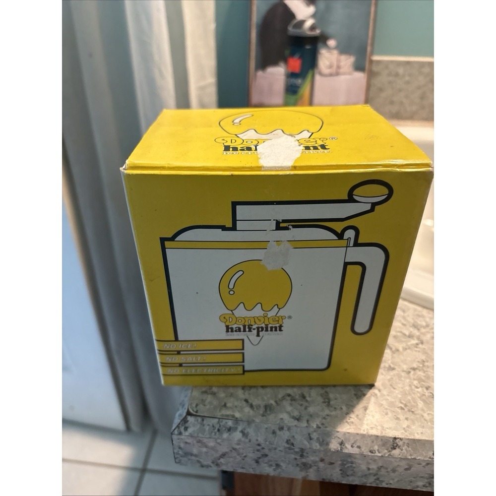Donvier Ice Cream Maker Half-Pint Manual Hand Crank Vintage Yellow Complete